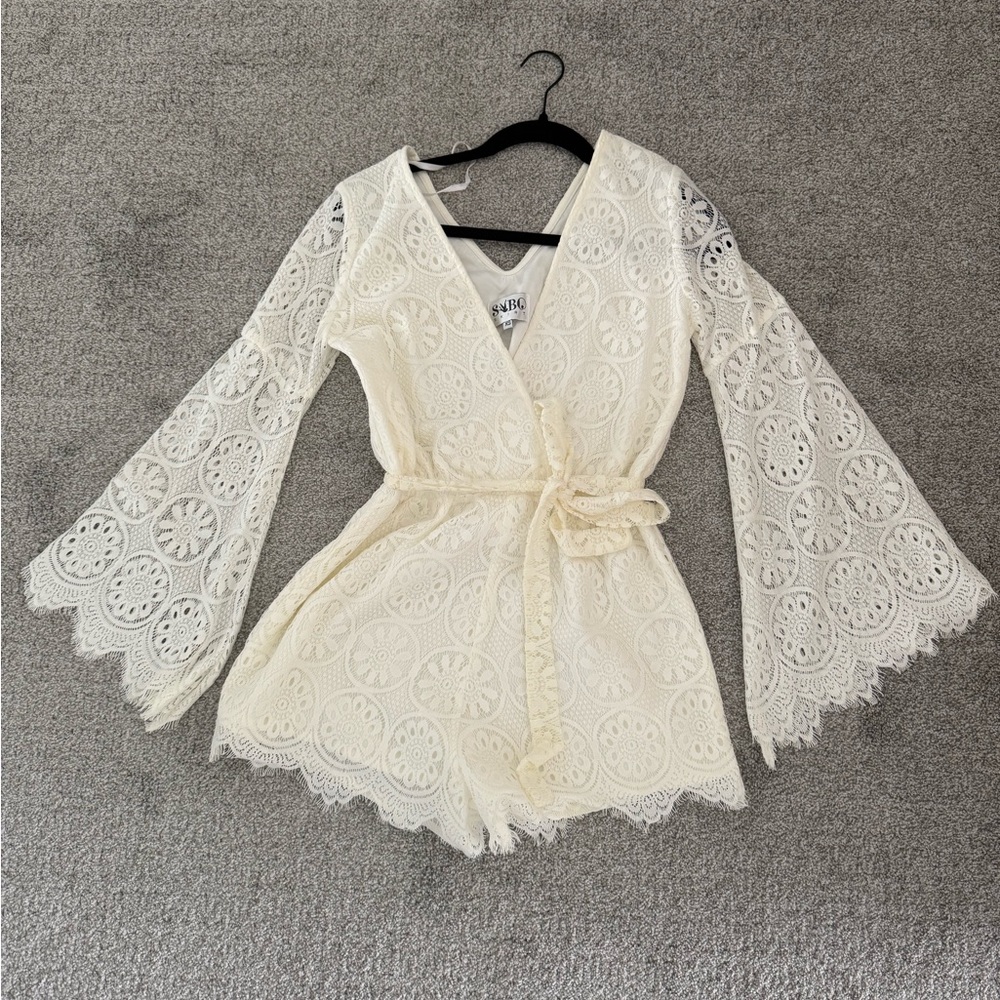 SABO Skirt White Lace Romper with Bell Sleeves